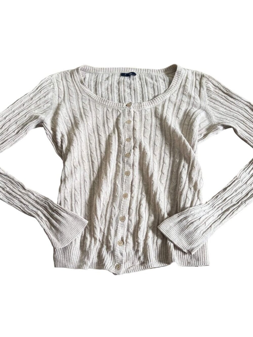 Vintage Y2K Reitmans Cable Knit Cardigan Beige Brown Cotton Cropped Size XL